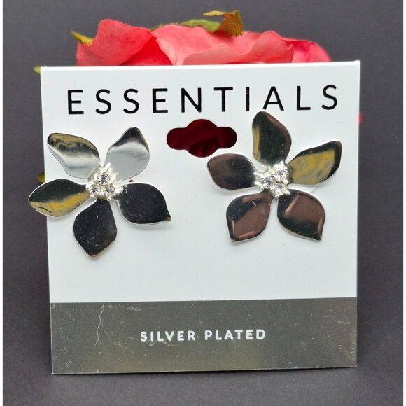 NWT Essentials by Macy's Silver Plated 1.5" Flower Floral Statement Earrings - Picture 2 of 5